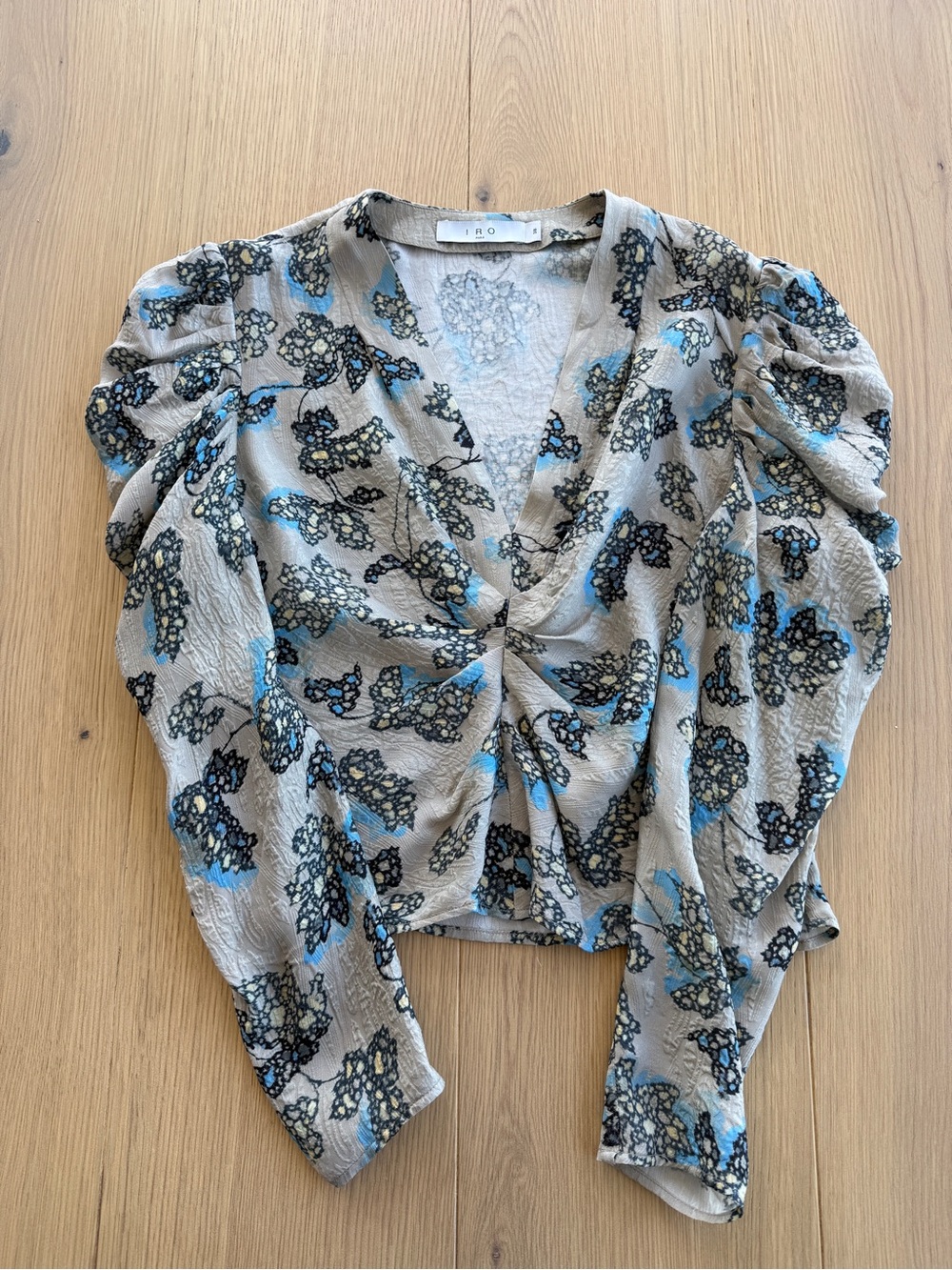 IRO Paris Floral V-Neck Blouse Puff Sleeve Silk Blend EU 38 US 6